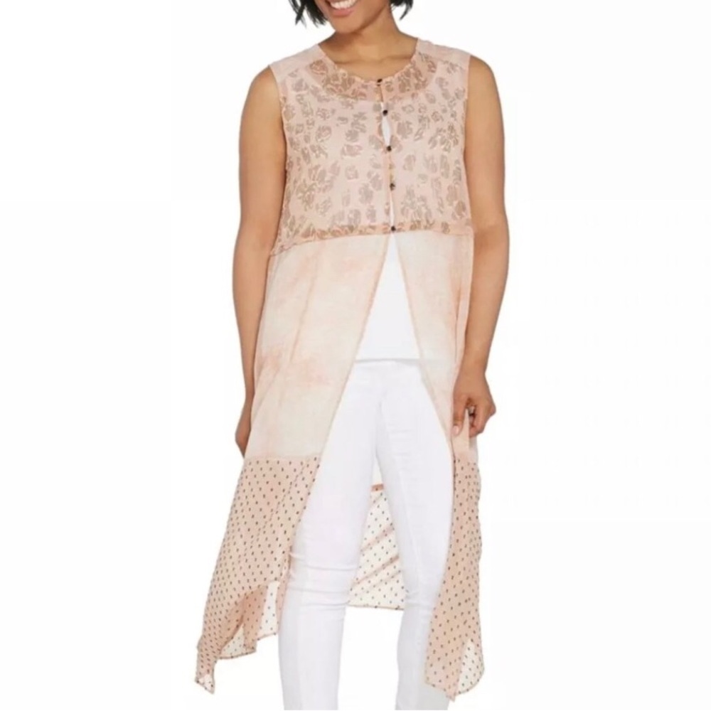 LOGO Lori Goldstein Women XXS Pink Boho Sheer Patchwork Button Front Duster Vest